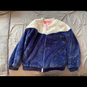 Fuzzy blue and white zip up jacket